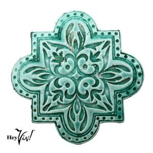 Vintage Turquoise Glazed Ceramic Wall Tile Pin Brooch 2 1/4" Across - Hey Viv